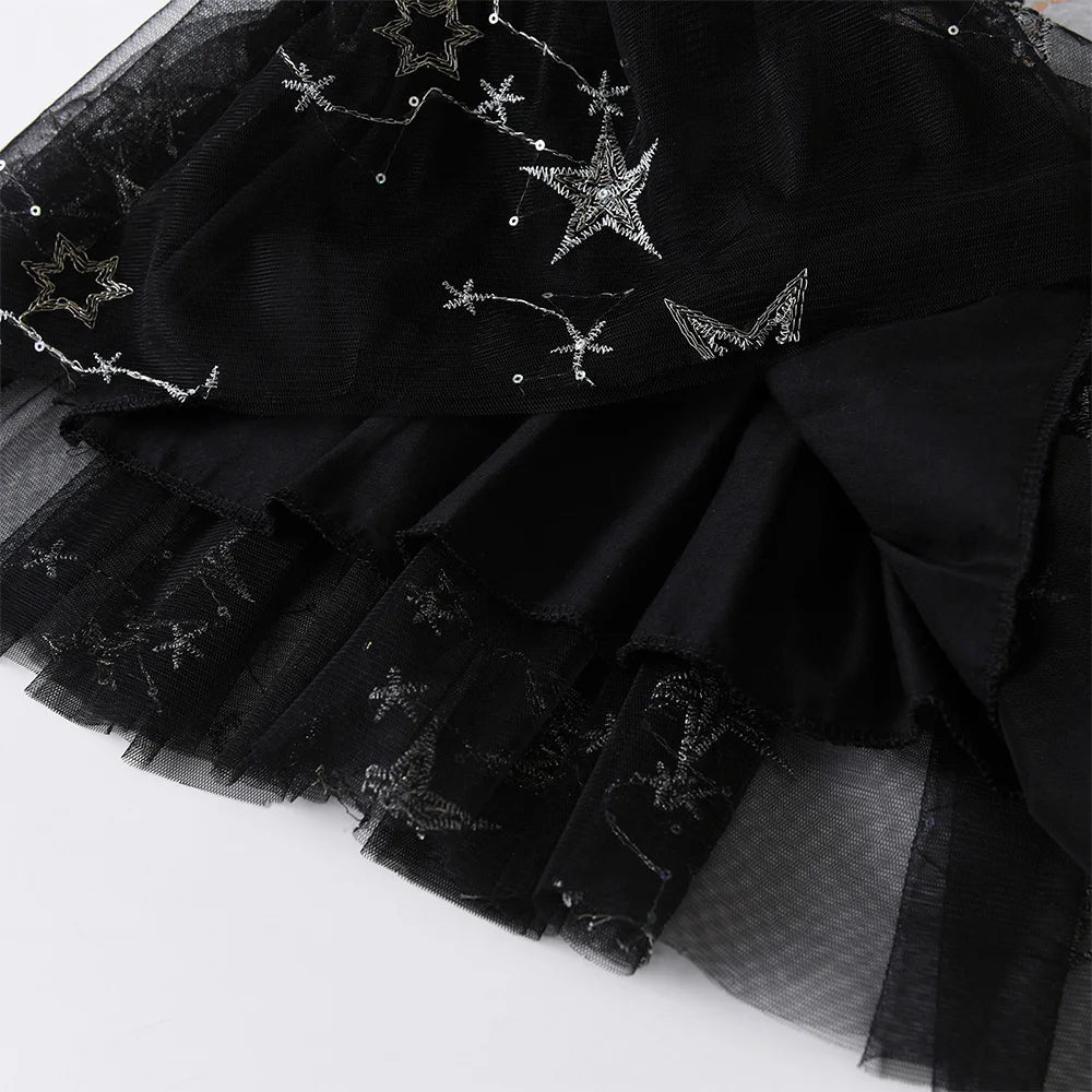 Girls Grey Sweatshirt Dress Kids Black Star Print Thick Dress with Tulle Skirt Toddlers Long Sleeve Outfit for Casual Party Wear