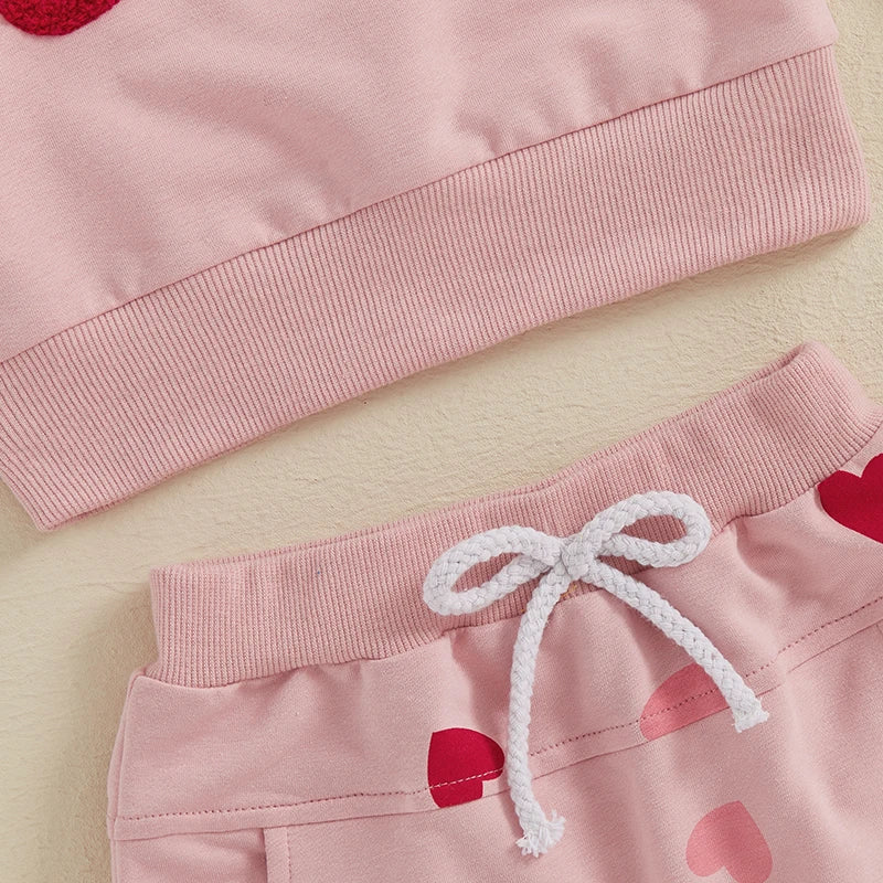 Toddler Girls 2-piece Set Adorable Long Sleeve Hoodie with Embroidered Letters and Heart Print Sweatpants Valentine s Day