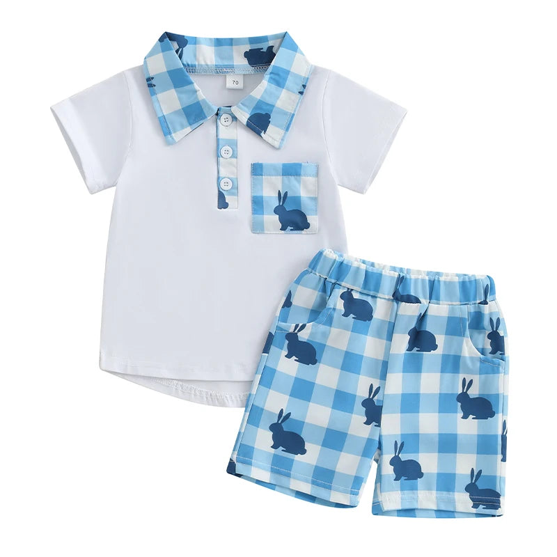 Boys Stylish Plaid Outfit Set with Short Sleeve Lapel Neck Half Button-up Top and Elastic Waistband Shorts for Summer