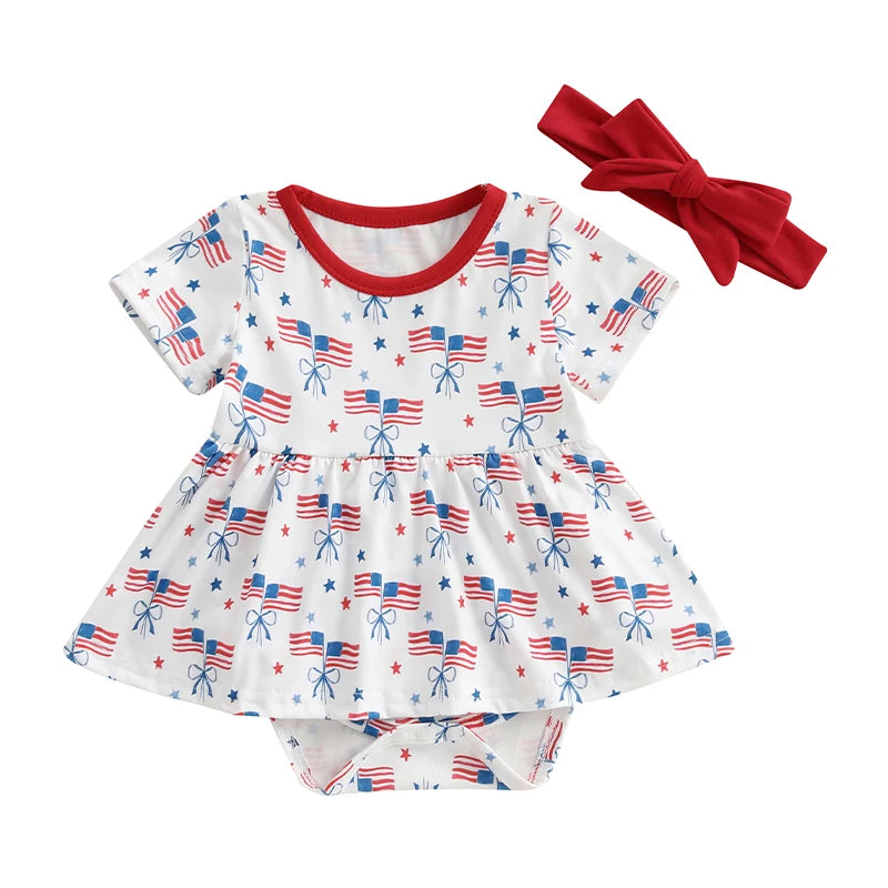 Infant Girls Patriotic Romper Dress with Bow Headband American Flag Print Short Sleeve Summer Outfit Jumpsuit for Independence