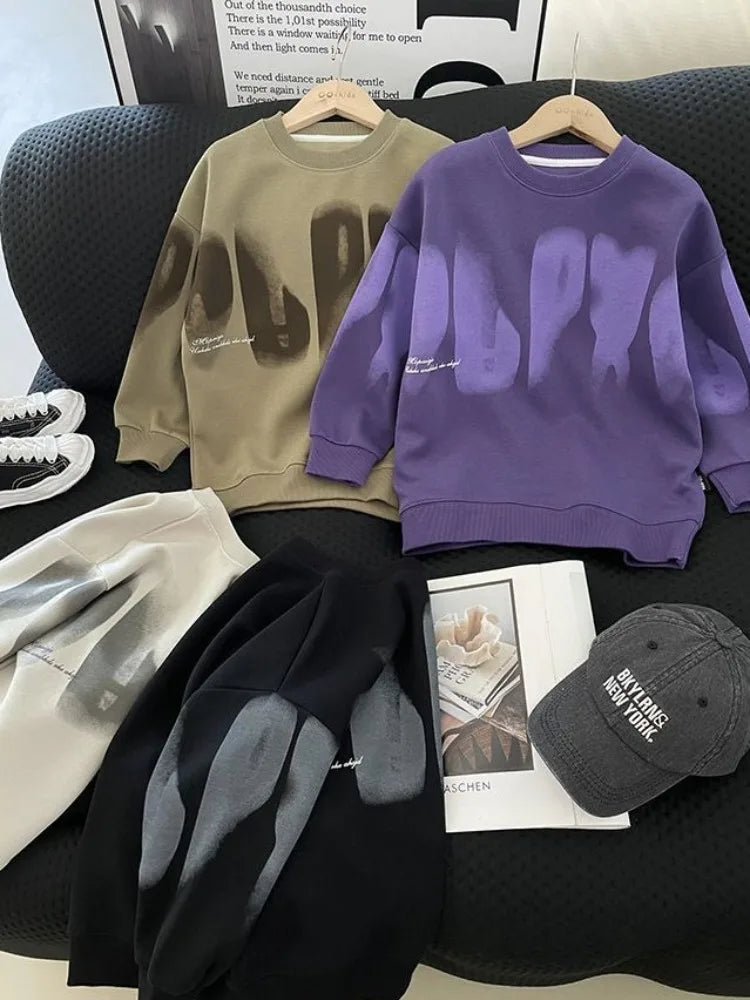 Boys' Medium To Large 2025 New Arrival No Hood Crewneck Spring/Autumn Trendy Street Style Kids Sweatshirt