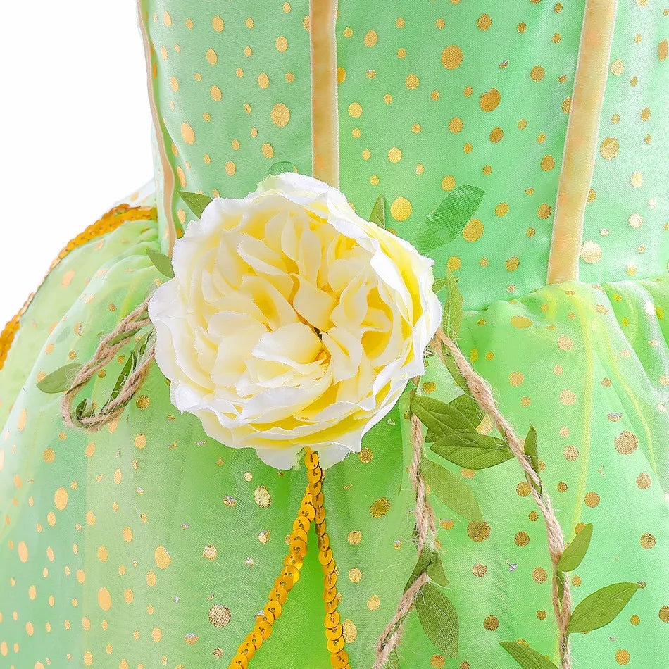 Disney Classic Elf Movie Tinker Bell Girls Play Fairy Dress Green Suspender Skirt With Wings and Flower Christmas Gift for Girls