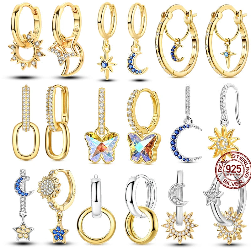 925 Sterling Silver Plated Gold Drop Earrings Star Sun Moon Earrings Removable Circle Heart Earrings For Women Hoop Earrings