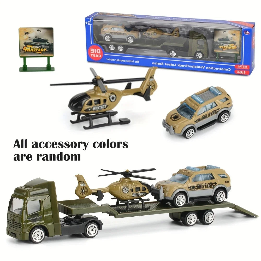 Friction Powered Carrier Truck Toy Push and Go Construction Car Toy Alloy Tow Trailer Trucks Set Gift for Toddlers Boys Girls