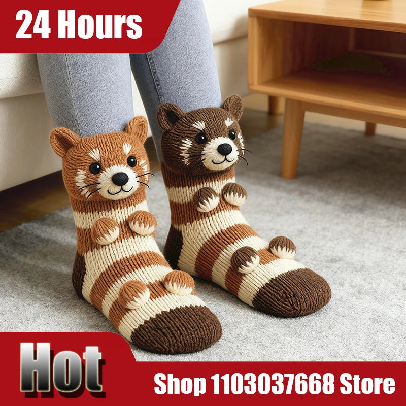 3D Christmas Knitted Animal Socks Cute Cozy Fuzzy Thick Warm Crew With 3D Ears For Women Teens Kids Home Winter Holiday Gift