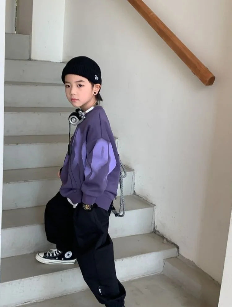 Boys' Medium To Large 2025 New Arrival No Hood Crewneck Spring/Autumn Trendy Street Style Kids Sweatshirt