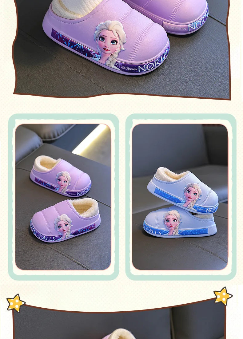 Disney Princess Elsa Girls' Cotton Frozen Winter Waterproof Wool Slippers Cartoon Parent Children's Blue Slippers Size 24-36