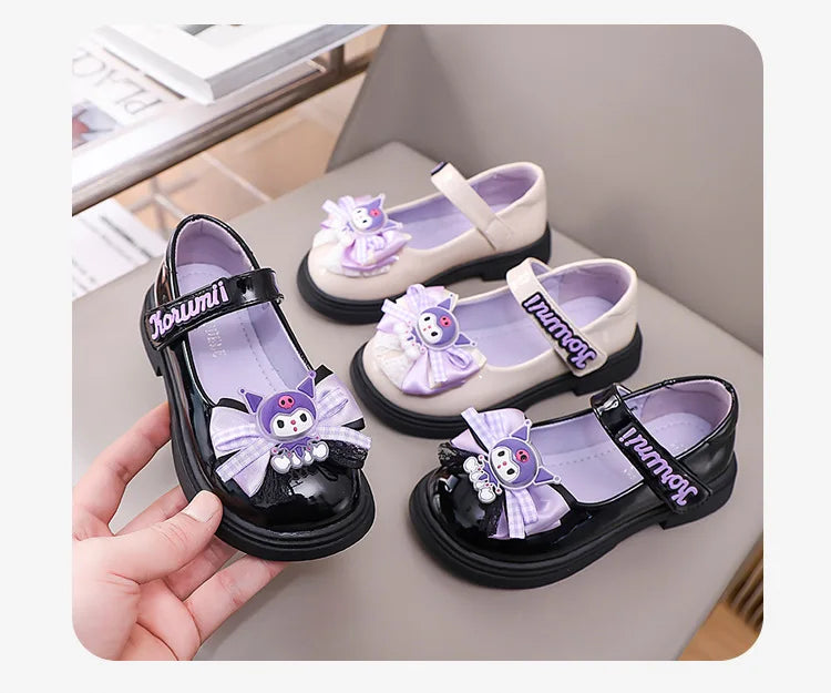 Kids'Sandals Kuromi PU Leather Bow Flat Spring Shoes For Girls Anti-slip Soft Thick Bottom White Black Shoes Size 26-36