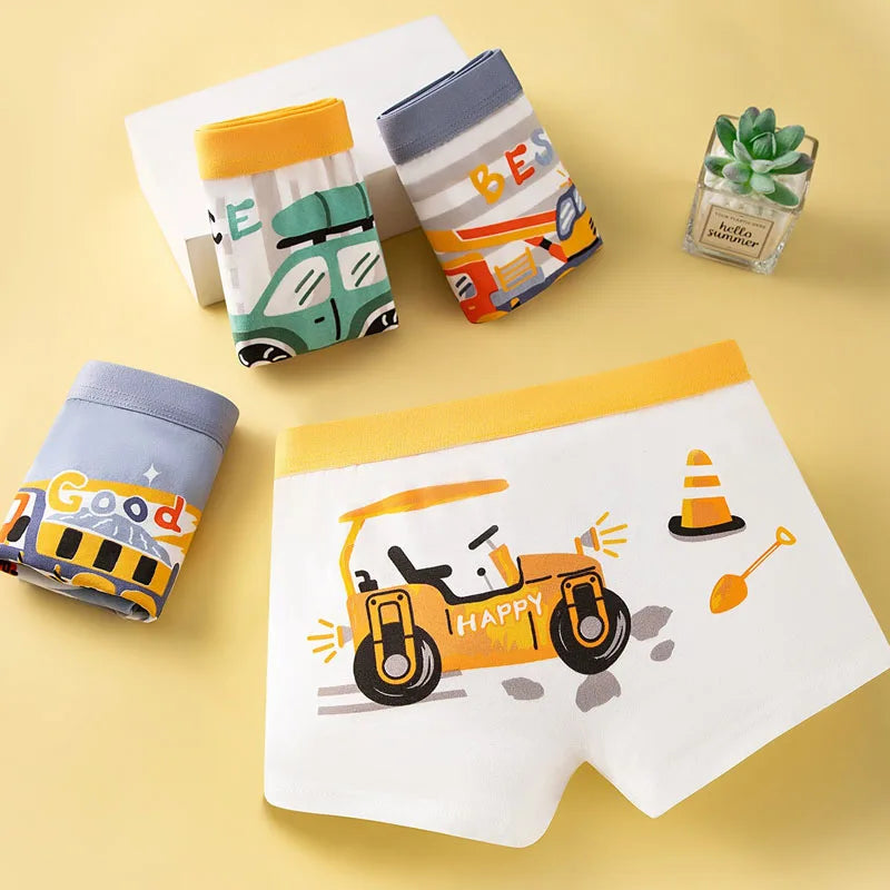 4/8Pcs High Quality Cotton Boy Boxer Brief Cool Excavator Pattern Kids Boxers Breathable Children Underwear Soft Bottom Panty