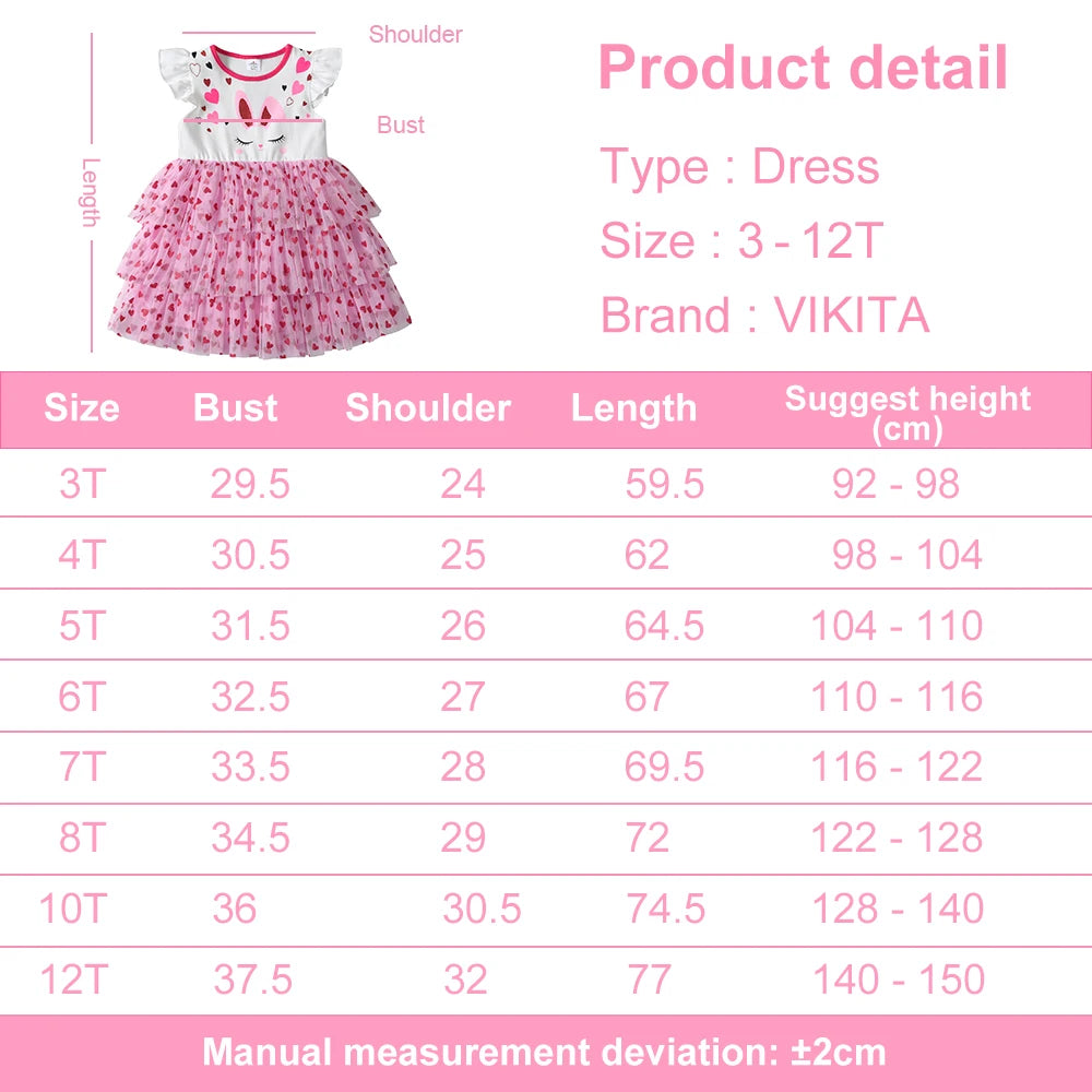 VIKITA Kids Rabbit Cartoon Print Dress Kids Heart Shape Dresses Girls Summer Flare Sleeve Vestidos Girls Layered Princess Dress