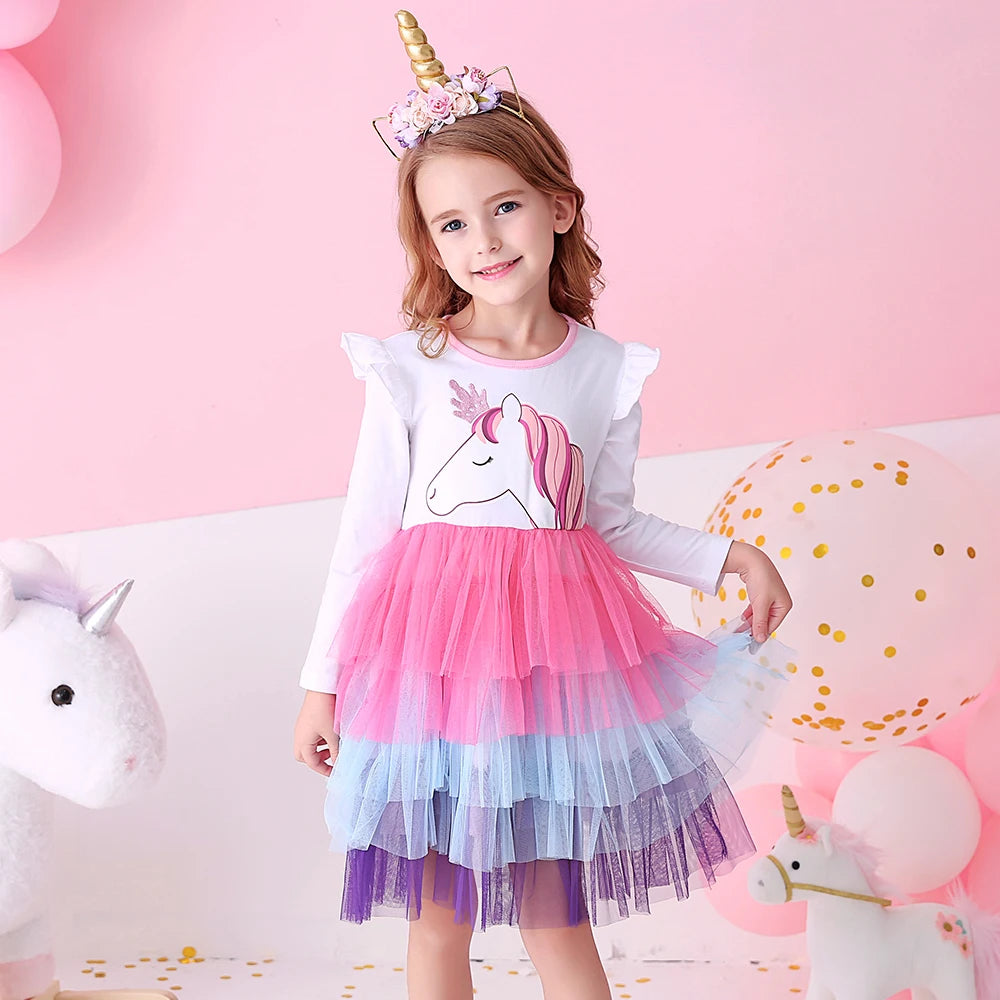 VIKITA Girl Unicorn Dresses Autumn Long Sleeve Sequins Vestidos Christmas Birthday Party Mesh Princess Dress Children Clothing