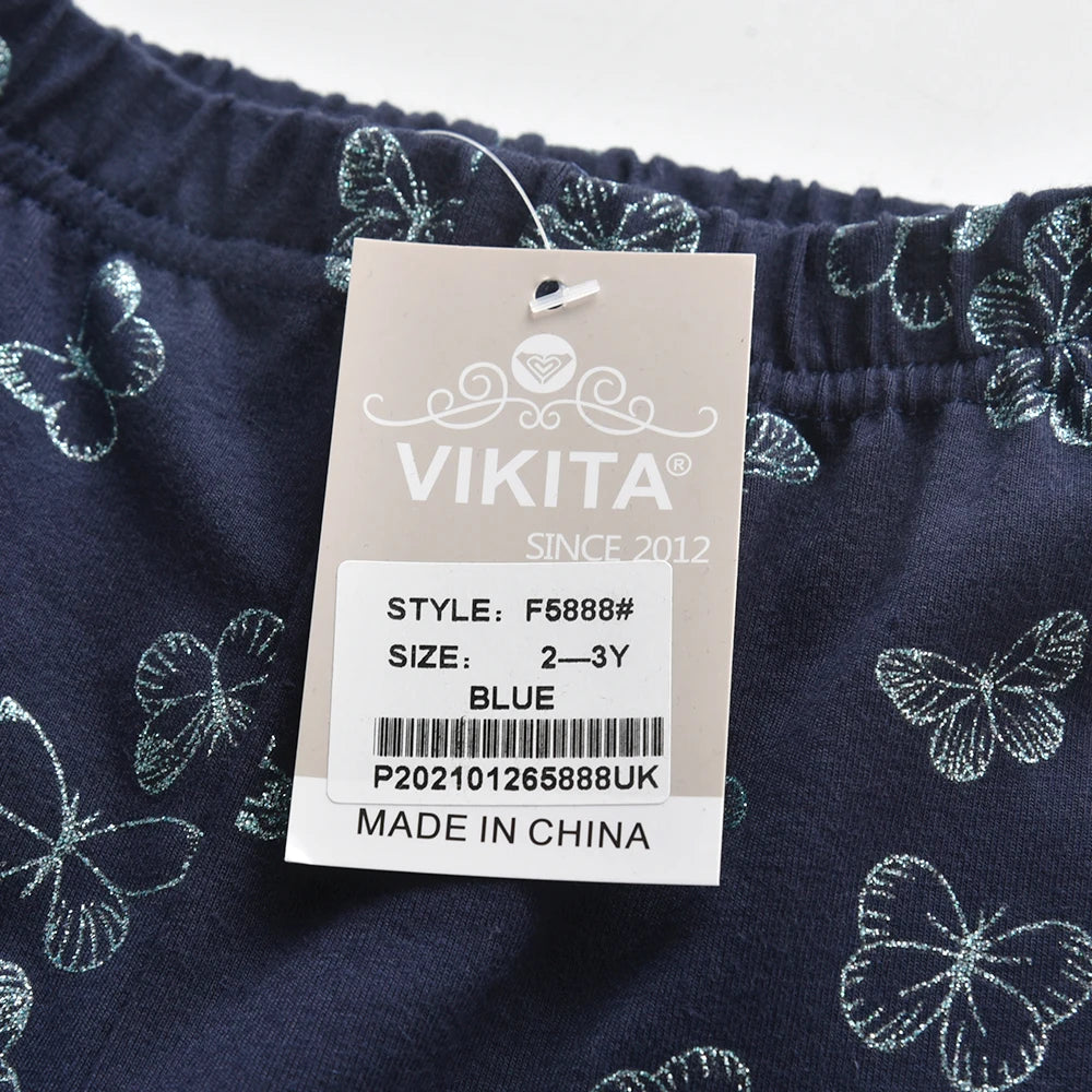 VIKITA Girls Cotton Casual Trousers Kids Butterfly Print Navy Blue Cozy Fashion Leggings Pants Children Bottoms Wear 2 3 10 12Y