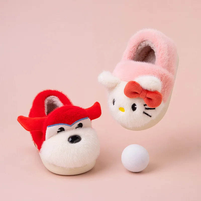 Kids'Slippers House Shoes Cartoon Hello Kitty Winter Shoes For Children Warm Cotton Fur Anti-slip White Pink Shoes Size13cm-18cm