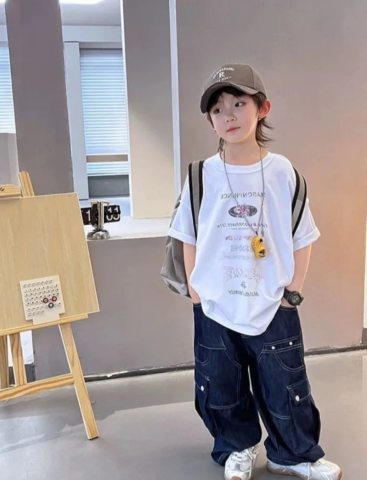 2025 New Boys' Solid Color Jeans - Loose Fit Straight Leg Kids' Long Pants with Pockets, Trendy & Stylish Denim for Active Boys