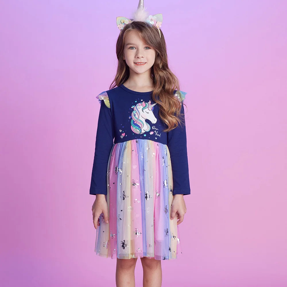 VIKITA Girls Unicorn Dress for Autumn Spring Children Cotton Casual School Costumes Birthday Party Princess Mesh Dress for Girl