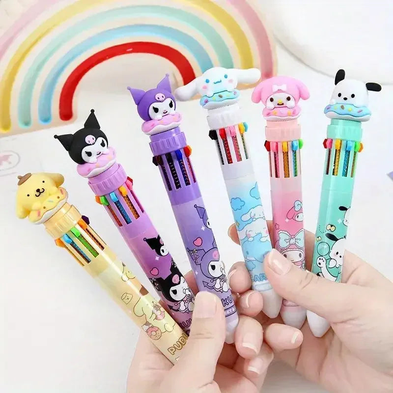 Sanrio 10-Color Ballpoint Pen Set - Kuromi Hello Kitty Cinnamoroll Kawaii 0.7mm Gel Pens for School Office Stationery Drawing Wr