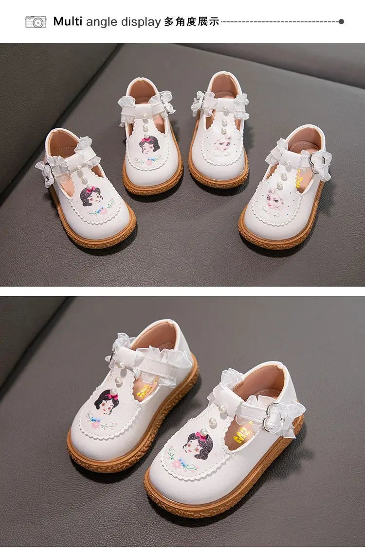 Disney Girls' Leather Shoes Lolita Princess Elsa Shoes Soft Sole Shoes Spring Children's Autumn Girl White Shoes Size 23-35