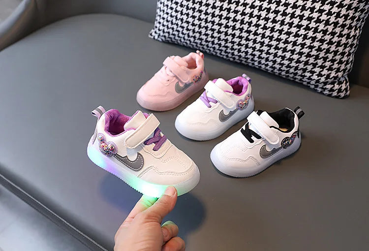 Kids'Casual Shoes Children Led Light Cartoon PU Leather Spring Anti-slip Soft Bottom Sneakers Black Pink Size 21-30