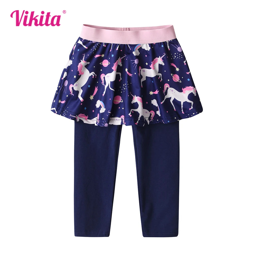 VIKITA Girls Leggings with Skirts for Children Unicorn Cosmos Printed Elastic Pencil Pants Trousers Kids Dance Pants Culottes