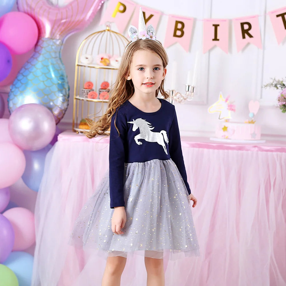 VIKITA Girls Unicorn Print Dress Kids Sequins Princess Dresses Kids Long Sleeve Autumn Spring Patchwork Mesh Tulle Cute Dresses