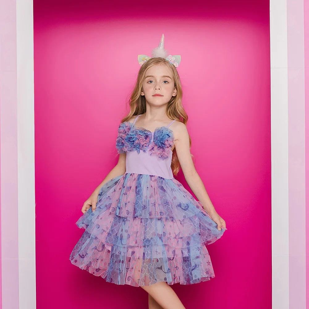 VIKITA Girls Sleeveless Dress Kids Sling Lace Mesh Tulle Tutu Princess Dresses Girl Starfish Print Floral Birthday Party Dress