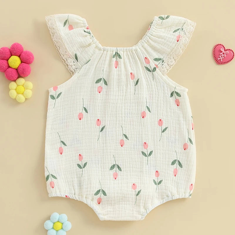 Toddler Girl Sleeveless Romper with Floral Print and Lace Detail Round Neck Jumpsuit for Summer Cute Bubble Bodysuit