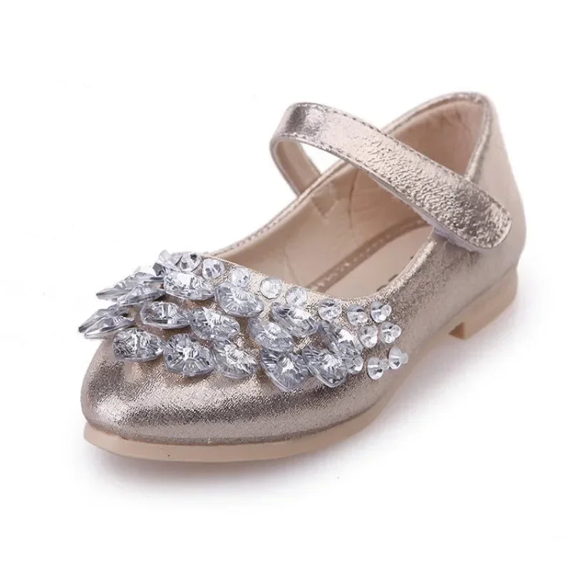 Girls Crystal Shiny Princess Shoes Kids Sweet Flats Performance Shoes Fashion Children's Leather Shoes for Party Wedding