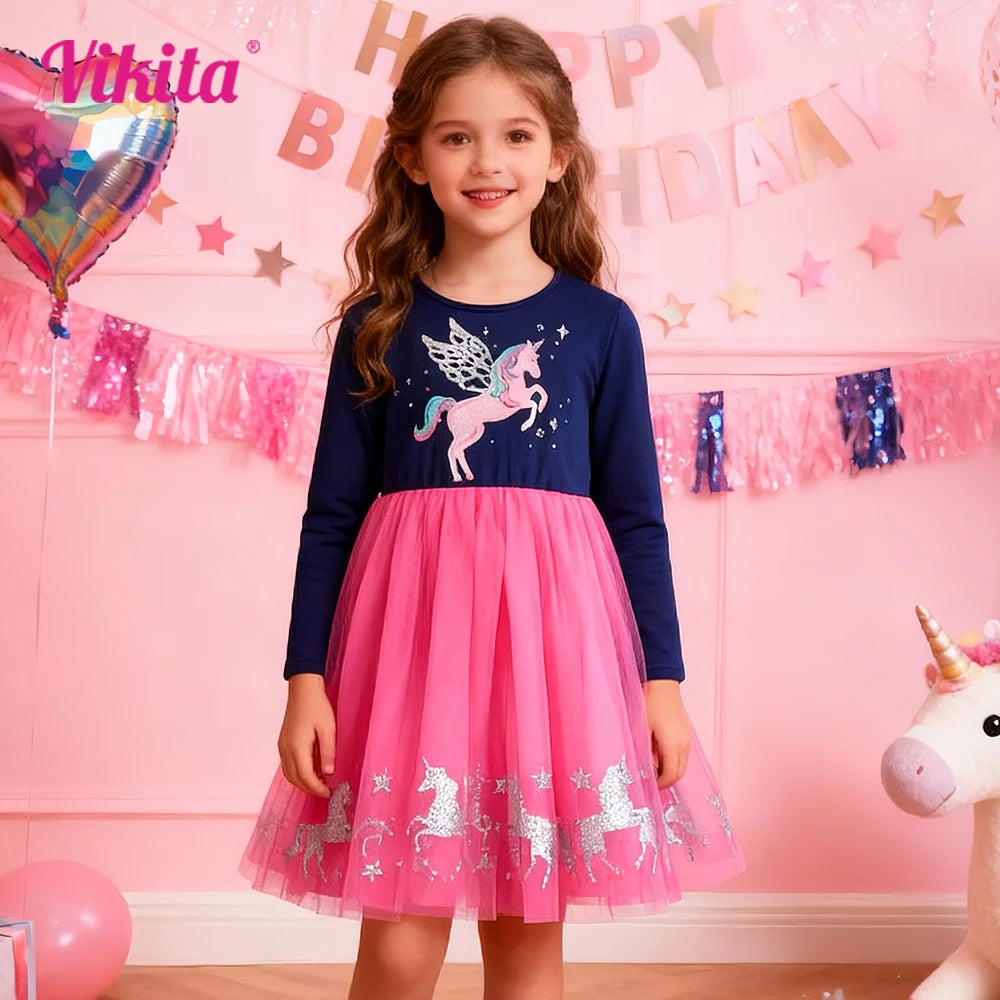 VIKITA Girls Navy Blue Pink Long Sleeve Dress Kids Sparkly Unicorn Print Tulle Mesh Fantasy Party Casual Princess Elegant Dress