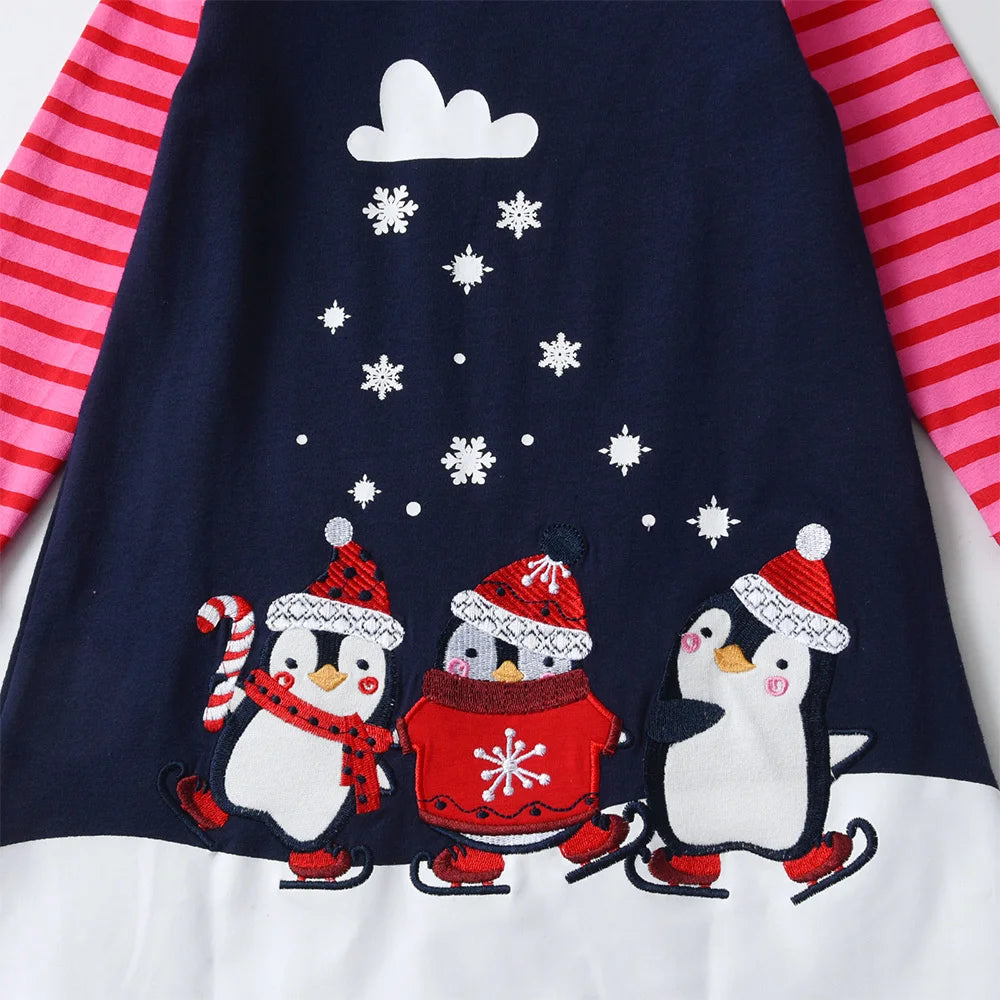 VIKITA Girls Cotton Casual Straight Dress Kids Penguin Snowflakes Cartoon Appliqued Striped Dresses Girls Autumn Spring Dress