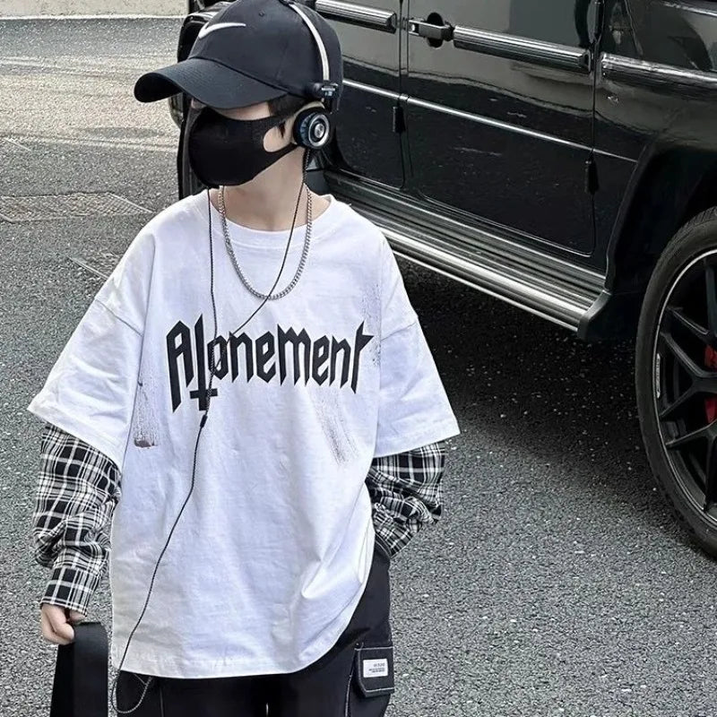 Fake Two Pieces Children's Clothing From 8 To 12 Years Boys Long Sleeve Tee Boys' T-shirt Graphic Shirts T-shirts Tees Boy Child