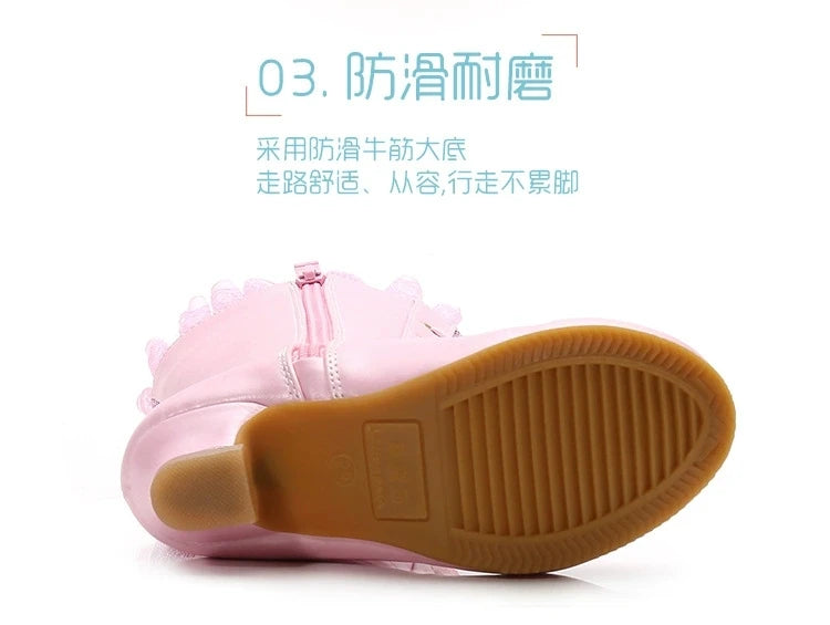 Disney Girls High Heel Boots Winter Children's Long Sleeved Plush Snow Warm Boots Princess Elsa Pink Blue Boots Size 27-37