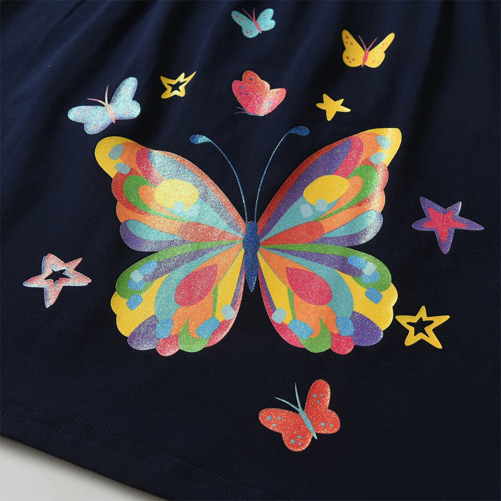 DXTON Children's Daily Dresses Cotton Toddler Casual Clothing Rainbow Long Sleeve Kids Dress Butterfly Vacation Girls Dress Wear