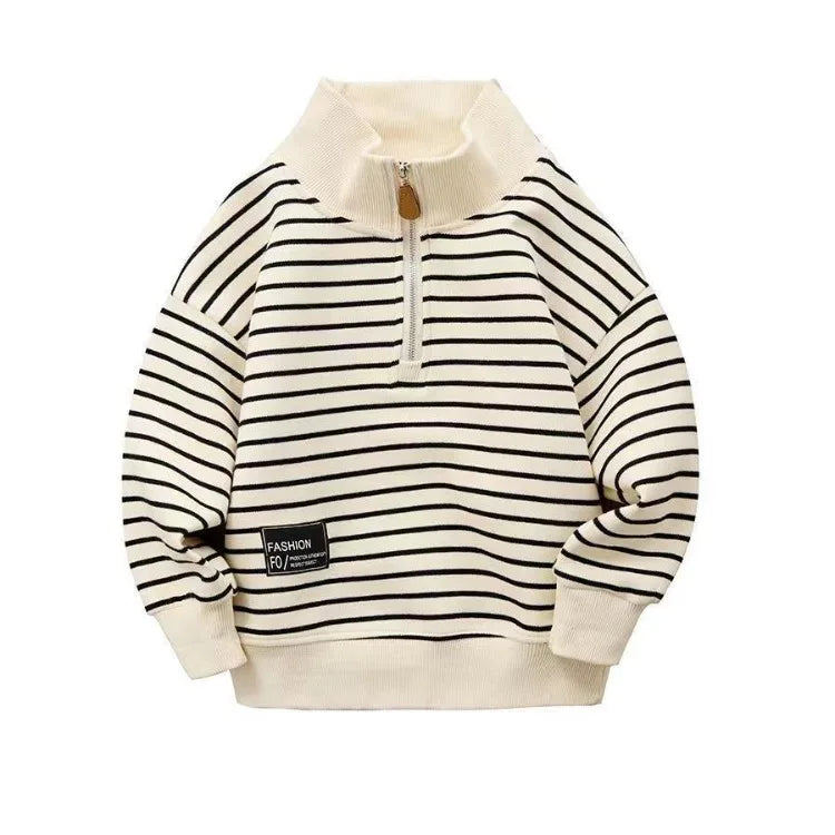 2025 New Boys' Medium-Large Lightweight Autumn Polo-Style Sweatshirt - Striped Half-Zip with Stand Collar & Lapel Top