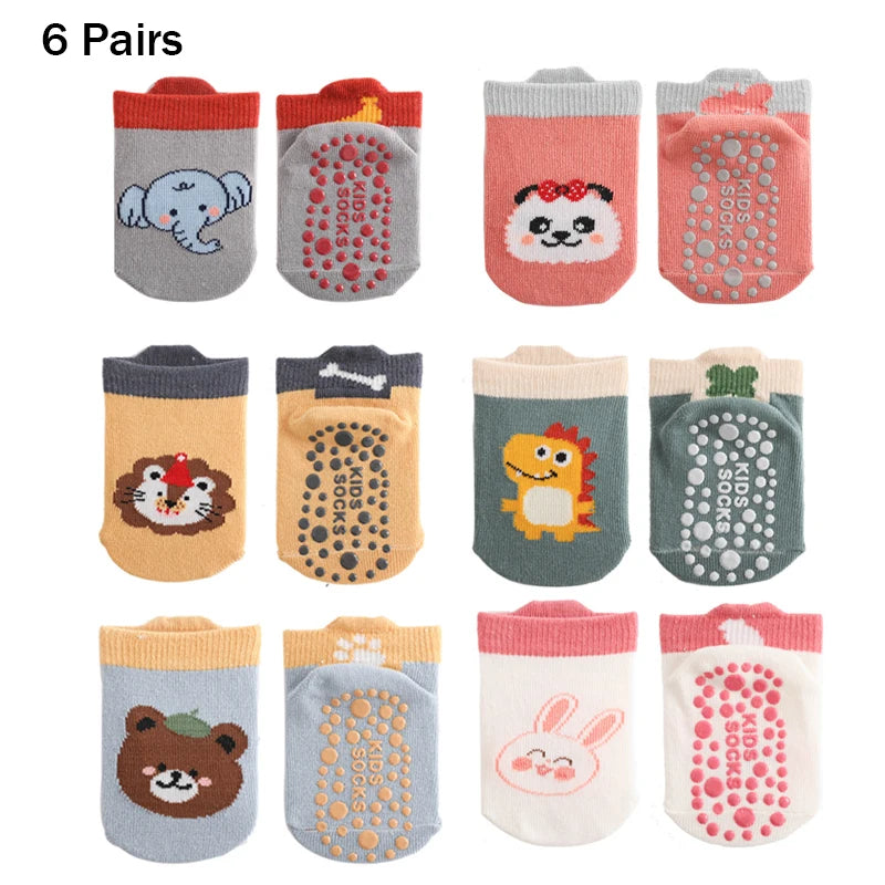 6 Pairs Spring Summer Kids Cotton Socks Children Autumn Cute Cartoon Animal Pattern Comfy Breathable Baby Non-slip Floor Socks