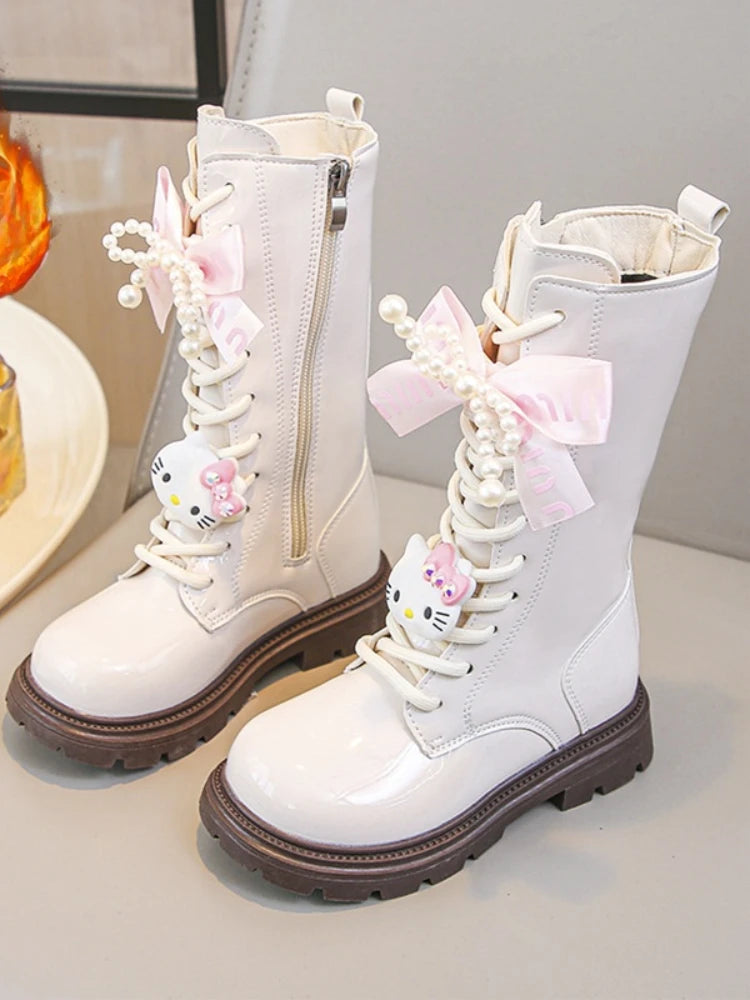 Kids'Casual Shoes Long Boots PU Leather Cartoon Kuromi Winter Shoes For Girls Anti-slip Warm Black Beige Shoes Size 26-37