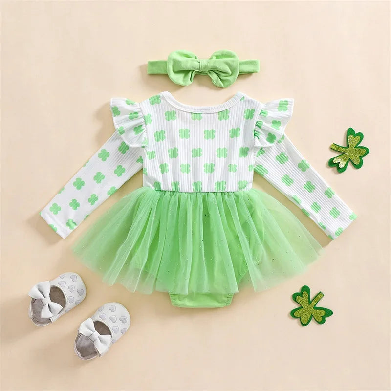 Infant Girls Floral Print Long Sleeve Romper Dress with Bear Embroidery and Matching Headband for Spring Season