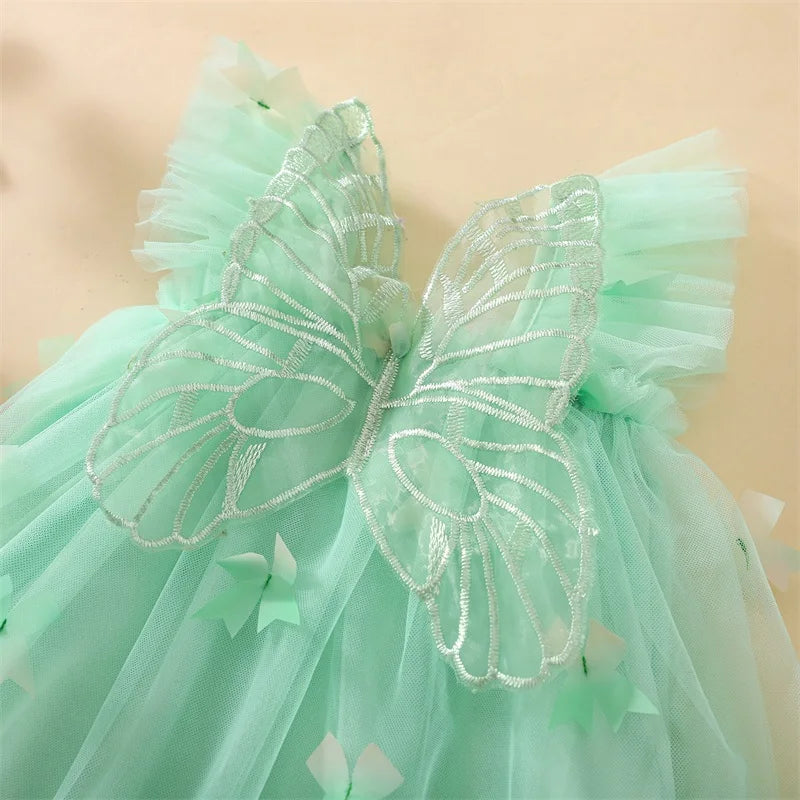 Elegant Baby Girl Lace Dress Sleeveless Square Neck Bow Tulle Princess Dress Toddler Party Dress with Angel Wings