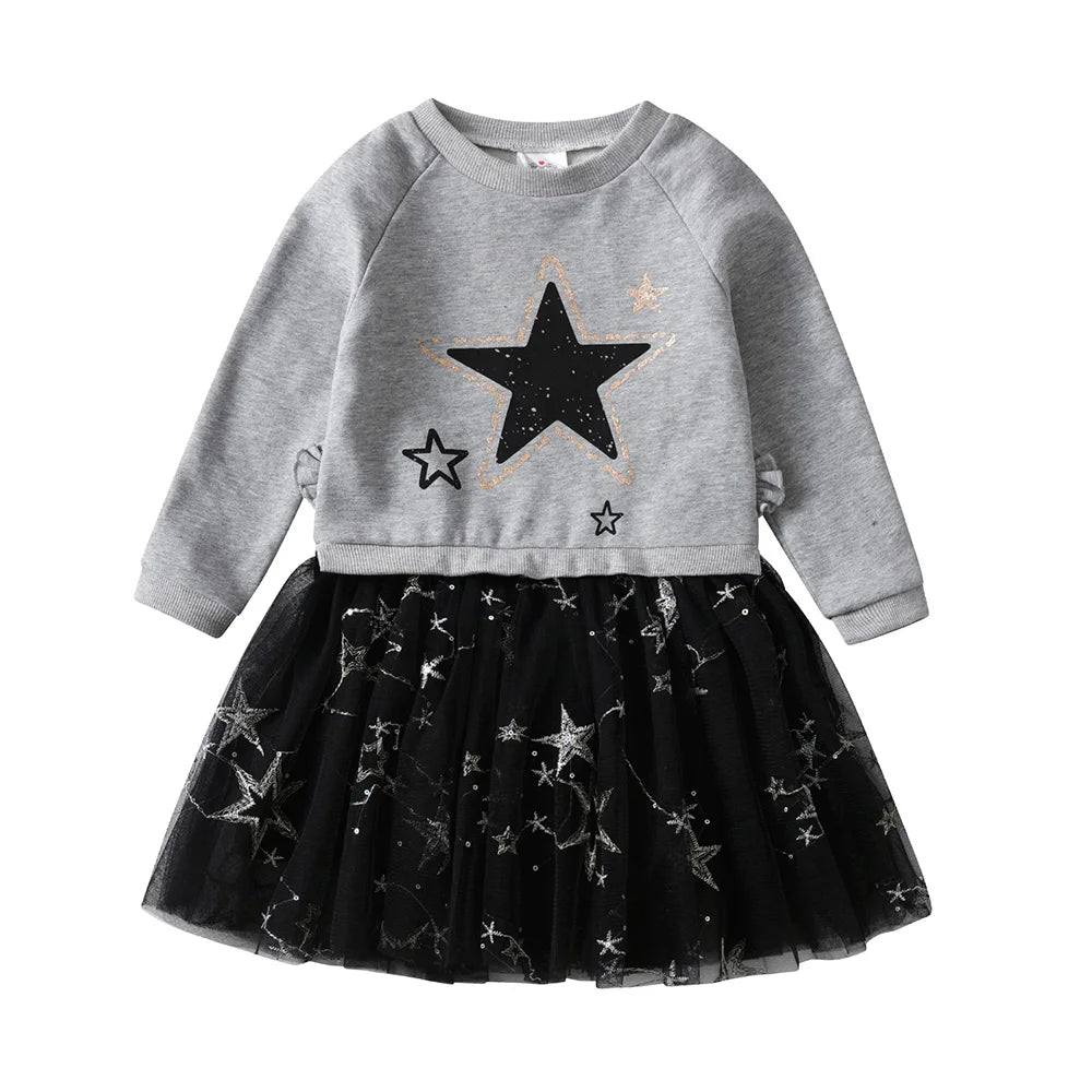 Girls Grey Sweatshirt Dress Kids Black Star Print Thick Dress with Tulle Skirt Toddlers Long Sleeve Outfit for Casual Party Wear