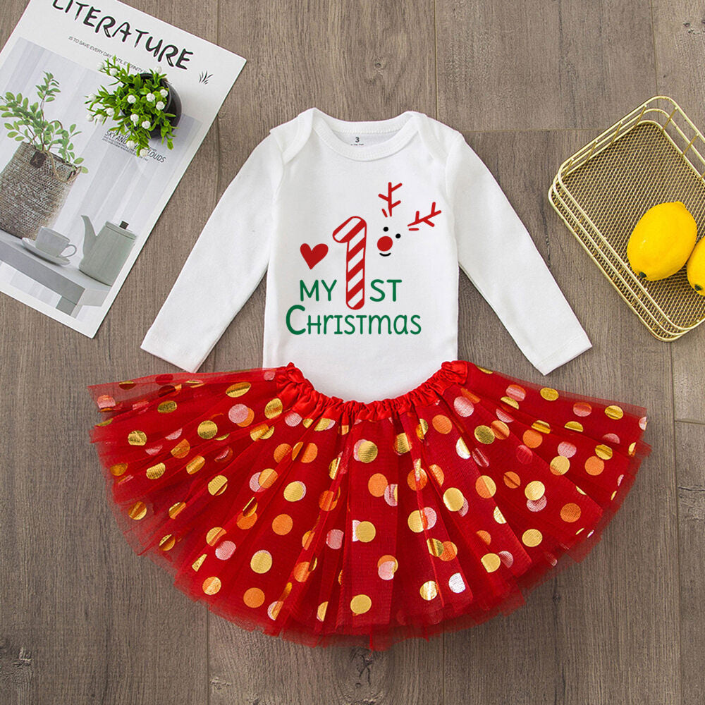 My 1St Christmas Baby Bodysuit Cake Dresses Set Infant Girls Long Sleeve Playsuit Tutu Skirts Clothes Toddler Xmas Party Outfits