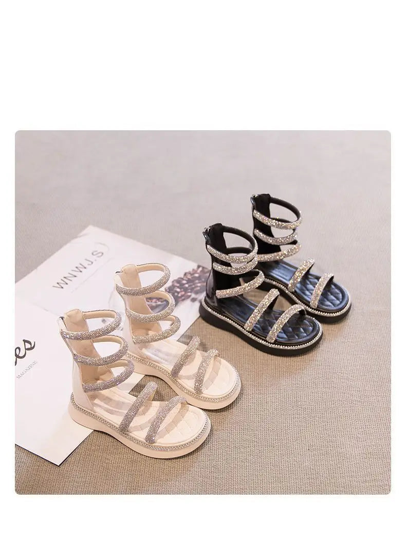 Kids'Sandals PU Leather Summer Beach Shoes For Girls Crystal Peep Toe Breathable Soft Bottom White Black Shoes Size 26-36