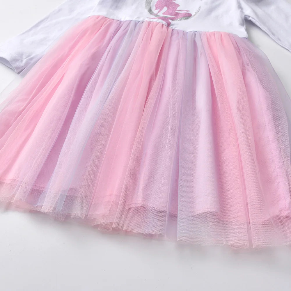 VIKITA Girls Mermaid Print Dress Kids Mesh Tulle Princess Elegant Dress Kids Long Sleeve Autumn Spring Patchwork Casual Vestidos