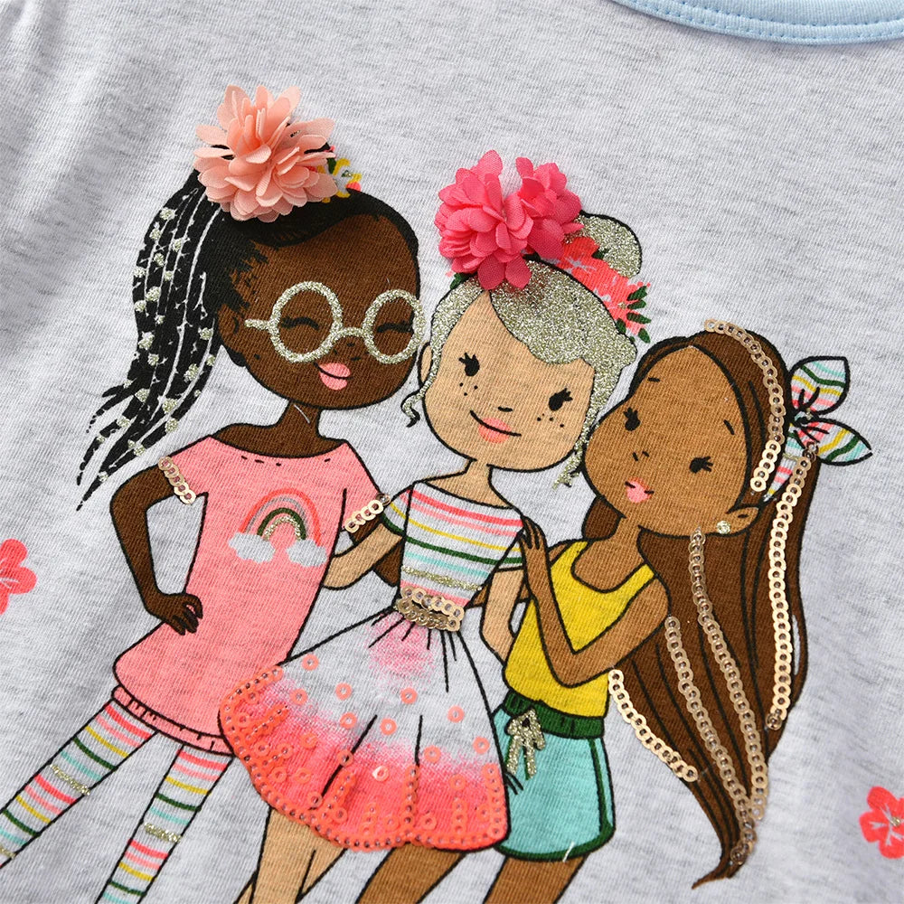 VIKITA Kinder Baumwoll-Freizeitkostüme Kleinkinder Herbst Frühling Minikleid Kinder Blumen Puppenmuster Regenbogen Prinzessin Alltagskleidung