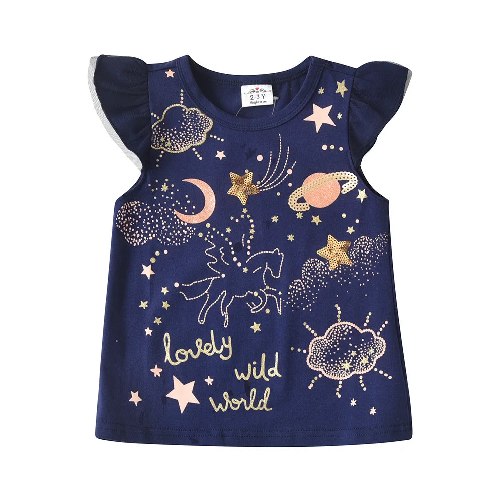 VIKITA Toddlers Girls Tops Tees Kids Glittery Stars Unicorn Starry Sequins Appliqued Fashion Navy Blue Cotton Casual T Shirt