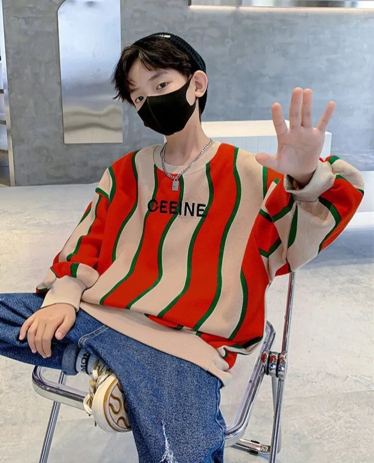 Boys' Medium-Large 2025 New Arrival No Hood Fleece-Lined Spring/Autumn Trendy Cool Kids Sweatshirt