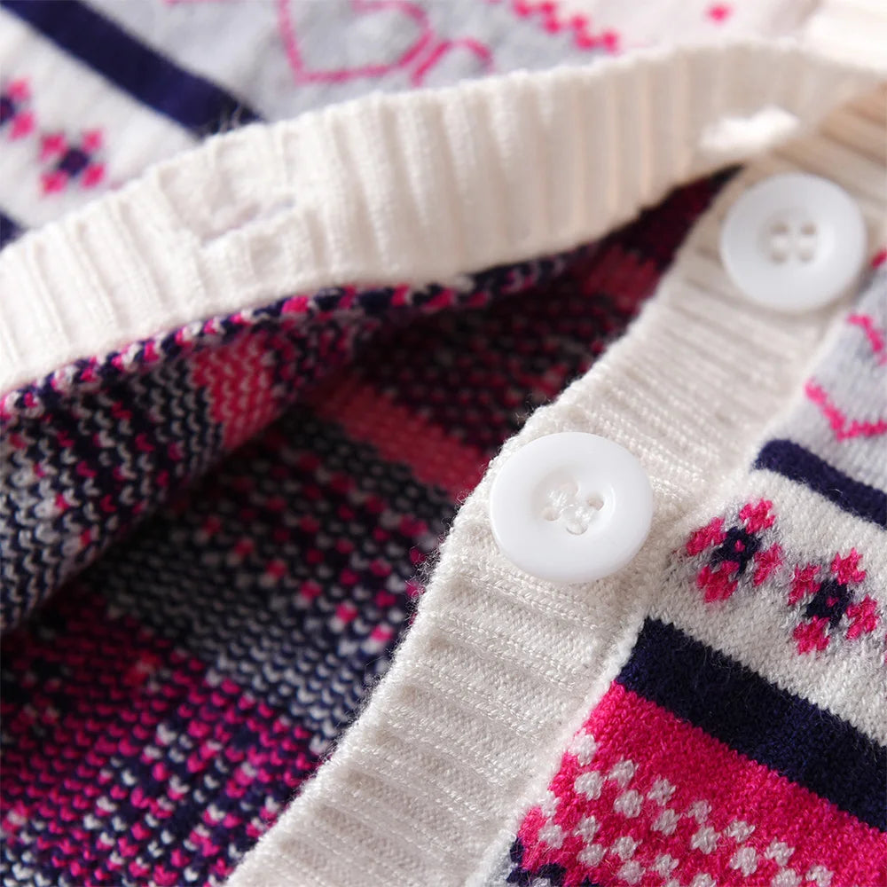 VIKITA Teenagers Cardigans Girls Snowflakes Heart Shape Striped Casual Fashion Cute Sweaters Kids Coat Outer Wear Tops Costumes