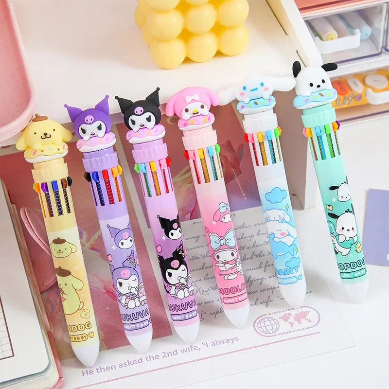 Sanrio 10-Color Ballpoint Pen Set - Kuromi Hello Kitty Cinnamoroll Kawaii 0.7mm Gel Pens for School Office Stationery Drawing Wr