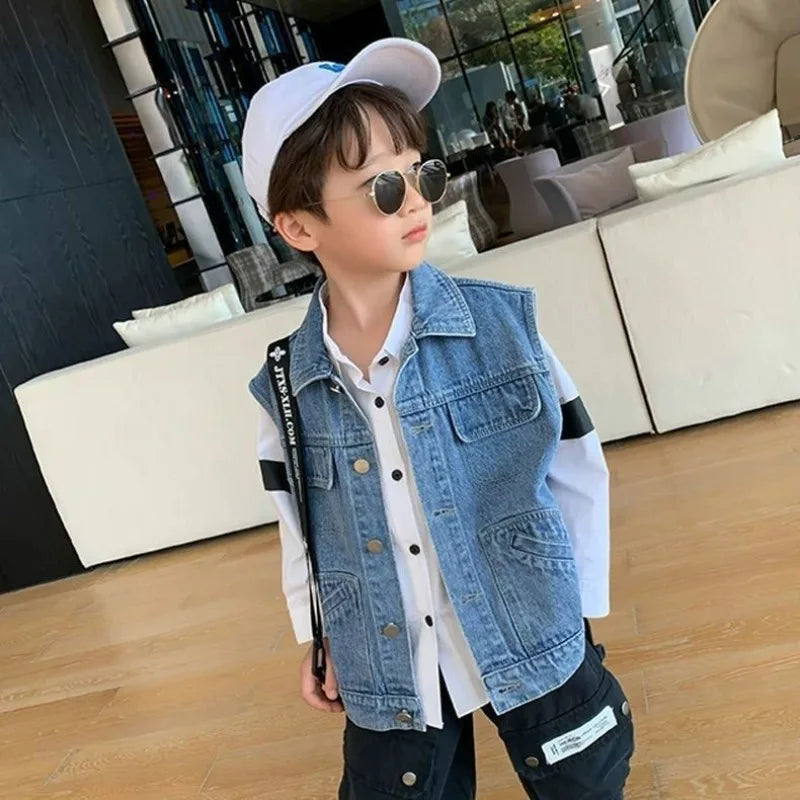 Kids Boys' Korean Style Denim Vest Jacket Spring Autumn Outerwear Versatile Stylish Kids' Clothing