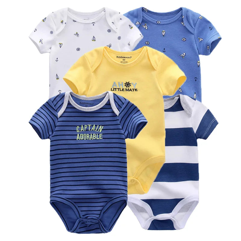 Kiddiezoom 5 Piece Summer Fashion Cartoon Boys and Girls Bodysuits 100% Cotton Soft Newborn Bodysuit Set Gift