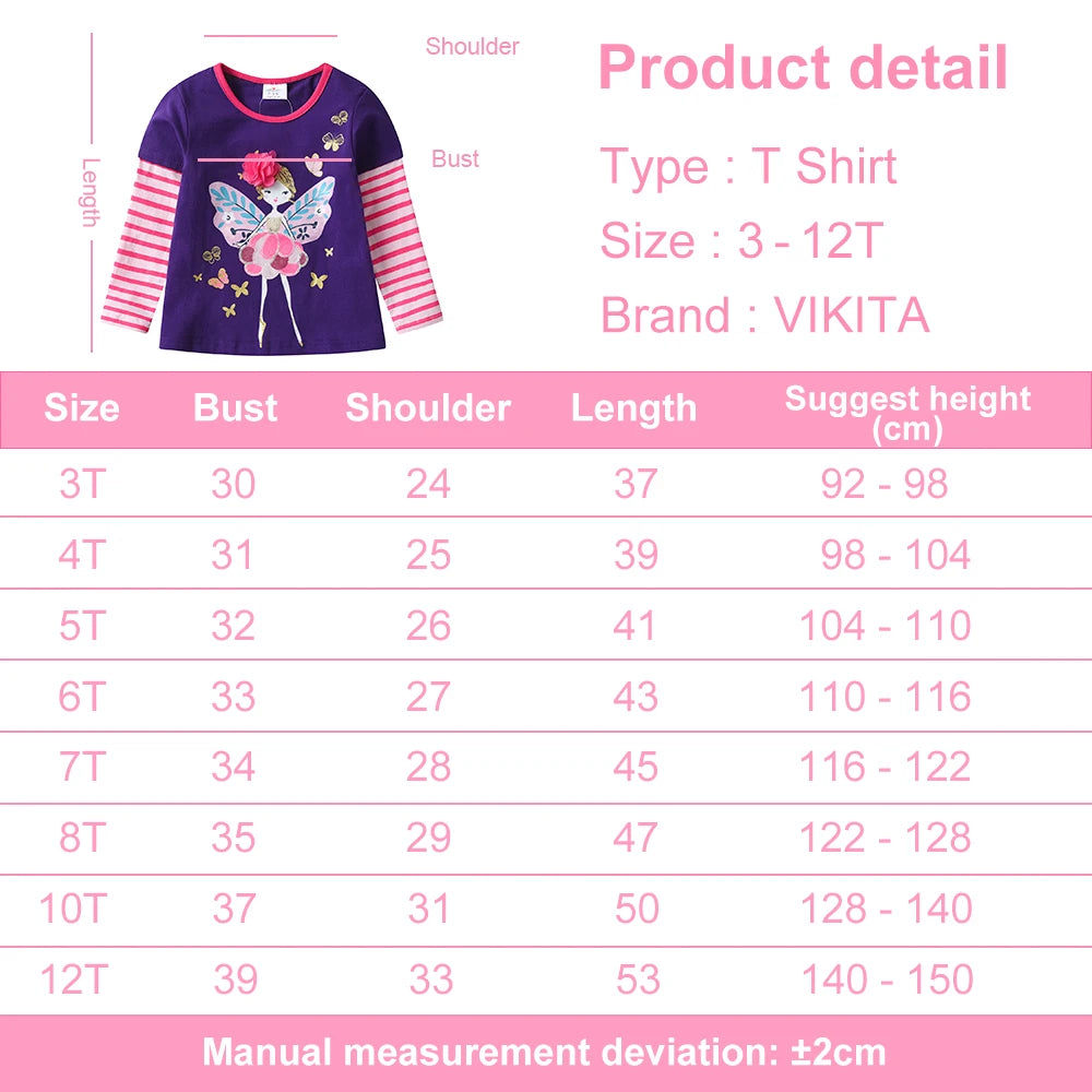 VIKITA Kids Butterfly Doll Cartoon Print T Shirt Girl Autumn Spring Long Sleeve Striped Cotton Casual Tops and Tees Kids Clothes