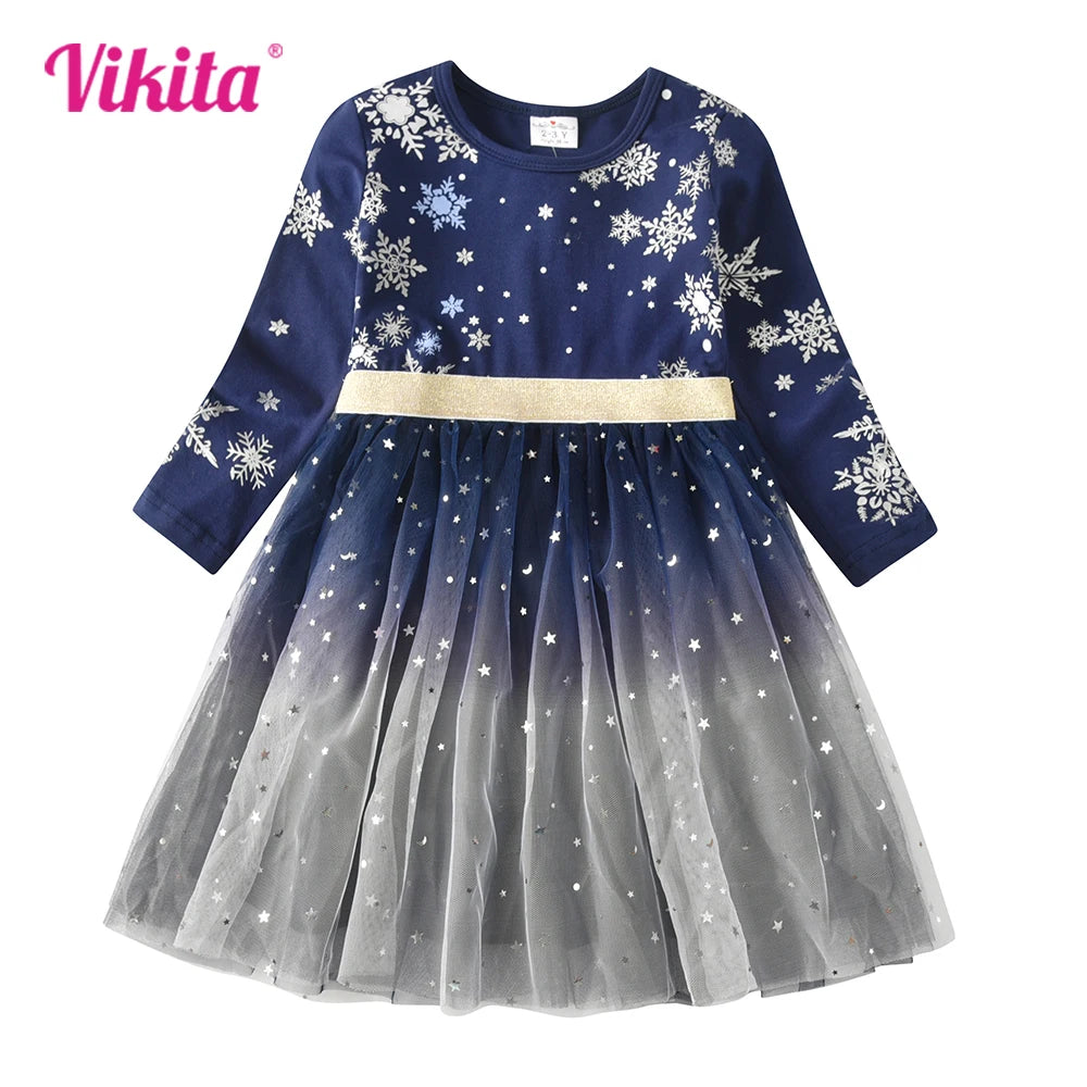 VIKITA Girls Snowflakes Print Christmas New Year Gift Dress Girls Autumn Winter Long Sleeve Gradient Princess Party Dresses